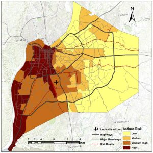 Map of Louisville displaying asthma risks from Air Louisville study